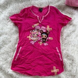 TOKIDOKI BY KOI WOMENS SCRUB TOP XS PINK NURSE AID CNA